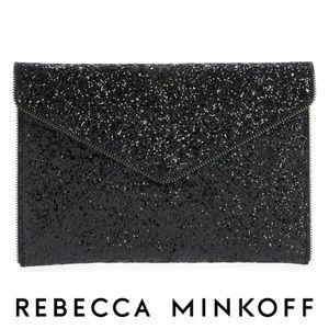 Rebecca Minkoff Black Glitter Leo Clutch NWOT